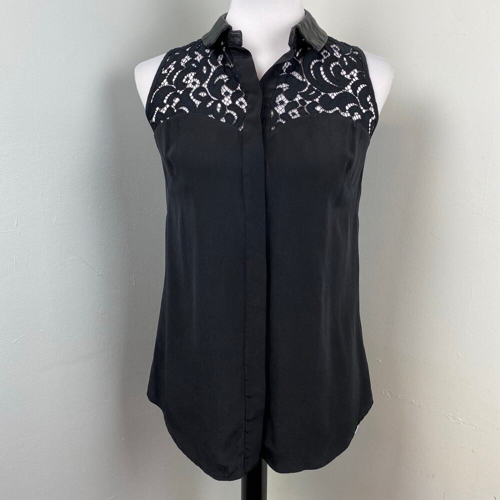 Milly Black Silk Lace Lamb leather Sleeveless Button Down Blouse Size 2